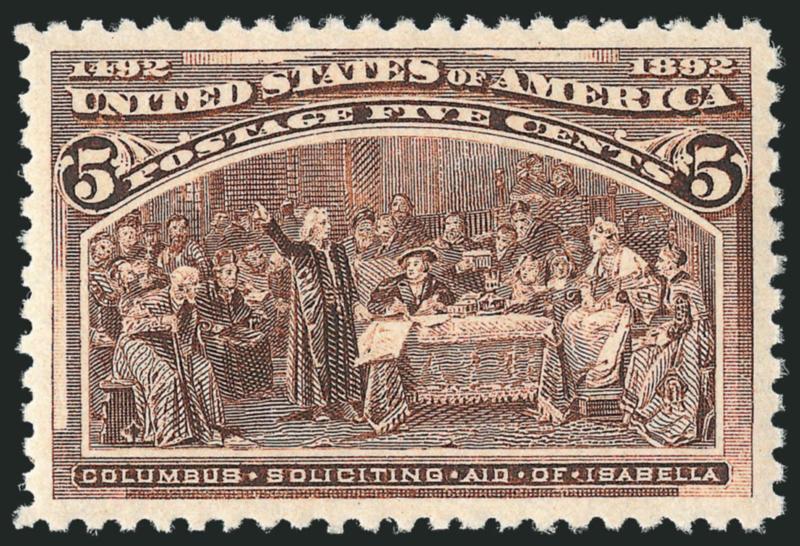 5c Columbian (234).> Original gum, lightly hinged at right, mathematically perfect centering, full perforations, bright color and remarkably detailed impression<><>^EXTREMELY FINE GEM. THIS STUNNING
ORIGINAL-GUM EXAMPLE OF THE 5-CENT COLUMBIAN ISSU