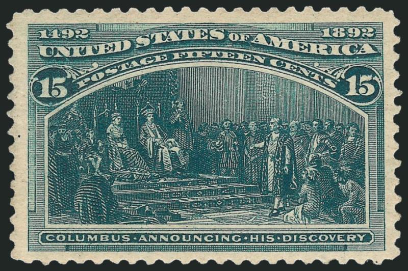 15c Columbian (238).> Original gum, not hinged but just a slight bit of mount tackiness prevents us from calling it Mint N.H., wide margins, Very Fine and choice, with 1991 P.F. certificate as original gum,
genuine (meaning Mint N.H.)