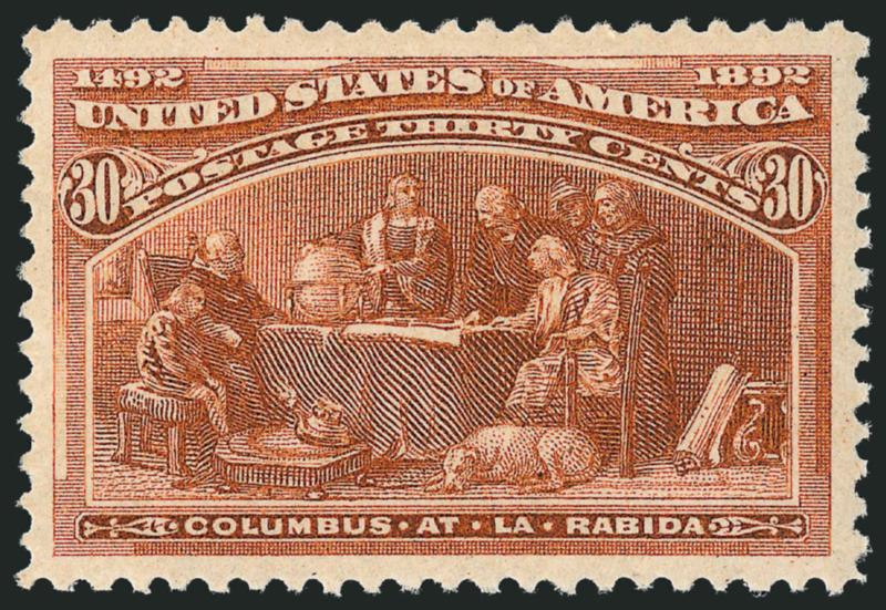 30c Columbian (239).> Original gum, barest trace of hinging, bright color, Jumbo margins all around, Extremely Fine Gem, a beautiful stamp, with 2010 P.S.E. certificate (XF-Superb 95 Jumbo SMQ $630.00 as 95,
$1,550.00 as 98), only three have graded