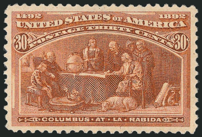 30c Columbian (239).> Original gum, lightly hinged, well-centered with extra wide margins, Extremely Fine, with 1991 P.F. and 2007 P.S.E. certificates (OGph, XF 90 SMQ $410.00)