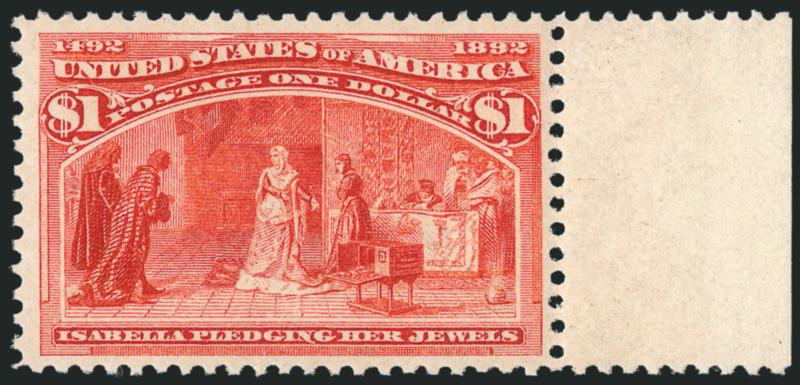 $1.00 Columbian (241).> Original gum with right selvage, nicely centered, incredibly fresh with brilliant color, small gum thin (technically Mint N.H.), Very Fine appearance, Scott Retail as hinged