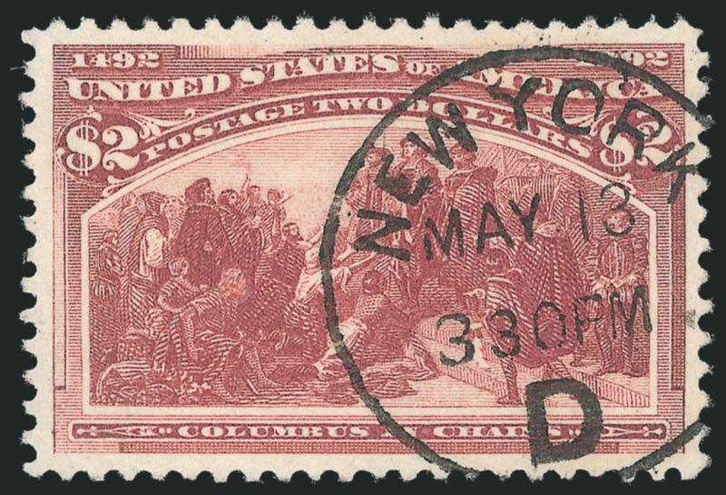$2.00 Columbian (242).> Radiant color on bright paper, perfect strike of New York May 13 3:30PM D circular datestamp, wide and balanced margins, long and full perforations all around<><>^EXTREMELY FINE GEM. A
PHENOMENAL USED EXAMPLE OF THE $2.00
