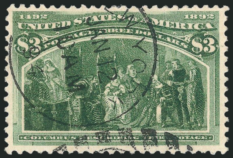 $3.00 Olive Green, Columbian (243a).> Pretty shade on bright white paper, attractive centering, New York duplex cancel, Very Fine and choice example of this shade variety, with 1997 P.F. certificate