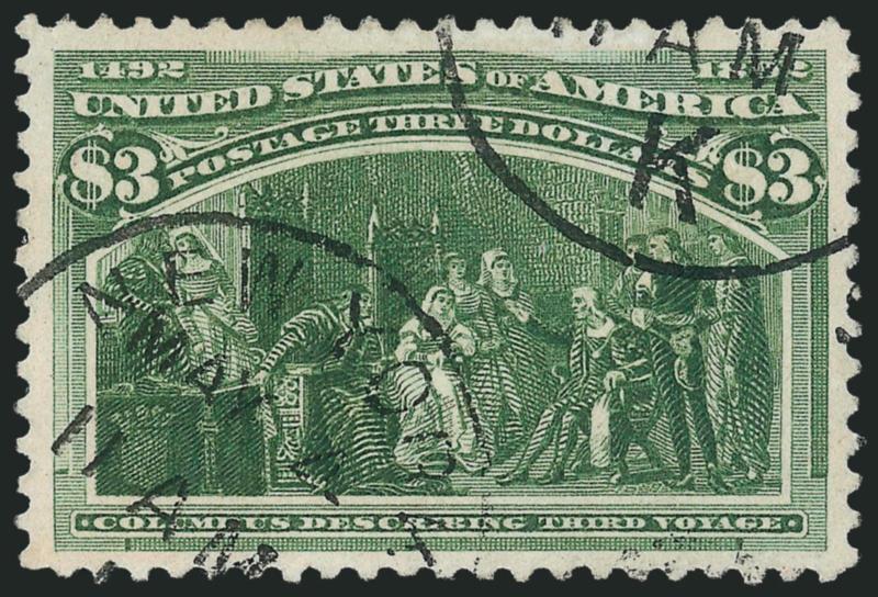 $3.00 Columbian (243).> Brilliant color on bright paper, unusually choice centering for this difficult issue, long and full perforations all around, neat strikes of New York May 4 circular datestamps, tiny
corner perf crease at top left is barely n