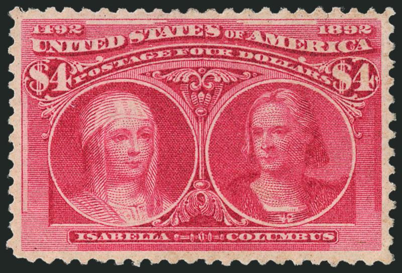 $4.00 Columbian (244).> Original gum, lightly hinged, brilliant color on crisp paper, well-proportioned margins<><>^EXTREMELY FINE. A BEAUTIFUL ORIGINAL-GUM EXAMPLE OF THE $4.00 COLUMBIAN ISSUE.^<><>With 2010
P.S.E. certificate