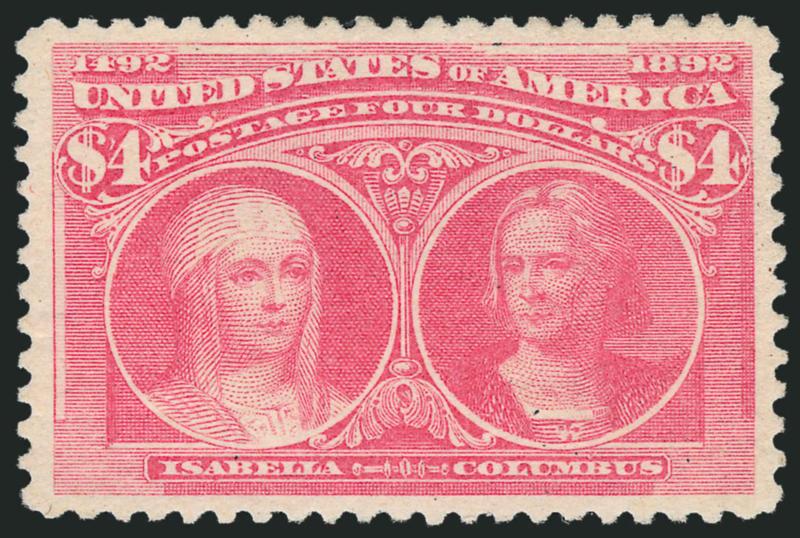 $4.00 Rose Carmine, Columbian (244a).> Original gum, lightly hinged, brilliant color in this distinctive sub-shade, wide margins<><>^EXTREMELY FINE ORIGINAL-GUM EXAMPLE OF THE $4.00 COLUMBIAN ISSUE IN THE ROSE
CARMINE SHADE.^<><>With 1991 P.F. an