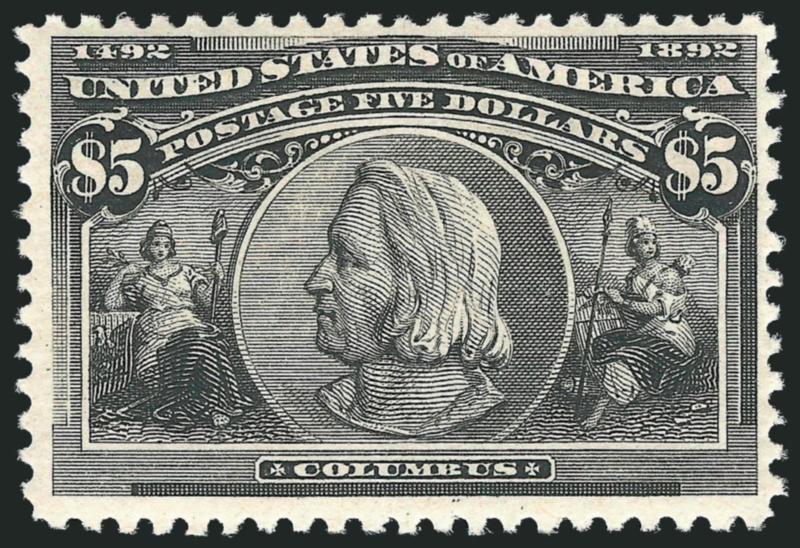 $5.00 Columbian (245). Mint N.H.,> intense shade on bright paper<><>^VERY FINE. A RARE MINT NEVER-HINGED EXAMPLE OF THE $5.00 COLUMBIAN.^<><>The number of Mint Never-Hinged examples extant of the $5.00
Columbian is very small. The rarity of this