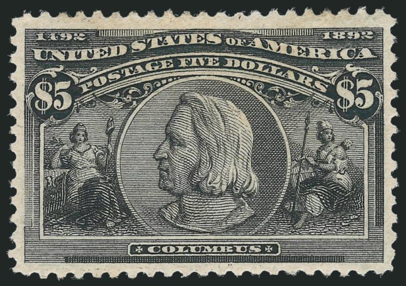 $5.00 Columbian (245).> Original gum, lightly hinged, exceptionally well-centered, strong shade with clear impression on bright paper<><>^EXTREMELY FINE. A BEAUTIFUL ORIGINAL-GUM EXAMPLE OF THE $5.00 COLUMBIAN
ISSUE.^<><>With 2010 P.S.E. certific