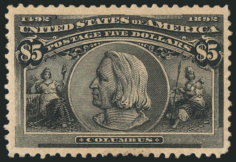 $5.00 Columbian (245).> Unused (regummed), unusually nice margins and centering, reperfed at bottom, Extremely Fine appearance