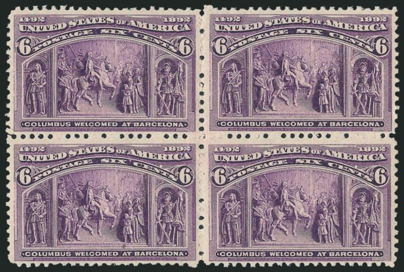 1c-8c Columbian (230-233, 235-236).> Blocks of four, original gum, a few stamps Mint N.H., fresh colors, Fine-Very Fine