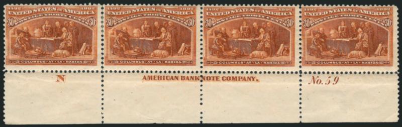 3c-30c Columbian (232, 235, 238-239).> Bottom imprint, plate no. and letter block of eight of 3c, bottom imprint, plate no. and letter strips of four of 6c, 15c and 30c, original gum, 3c and 30c with
adherences, 15c h.r., gum creases on the 15c and 3