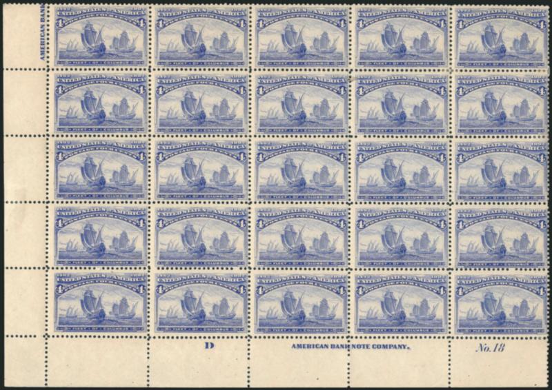 4c Columbian (233).> Block of 25 from the bottom left corner of the sheet, containing Mint N.H. bottom imprint, plate no. 18 and letter D block of eight, also part imprint single at top left, five stamps in
upper right portion of block small h.r.,