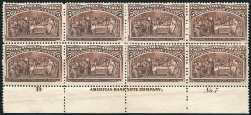 5c Columbian (234).> Bottom letter B, imprint and plate no. 7 block of eight, original gum, some hinge reinforced separations, light soiling spot between pos. 5 and 6, otherwise Fine