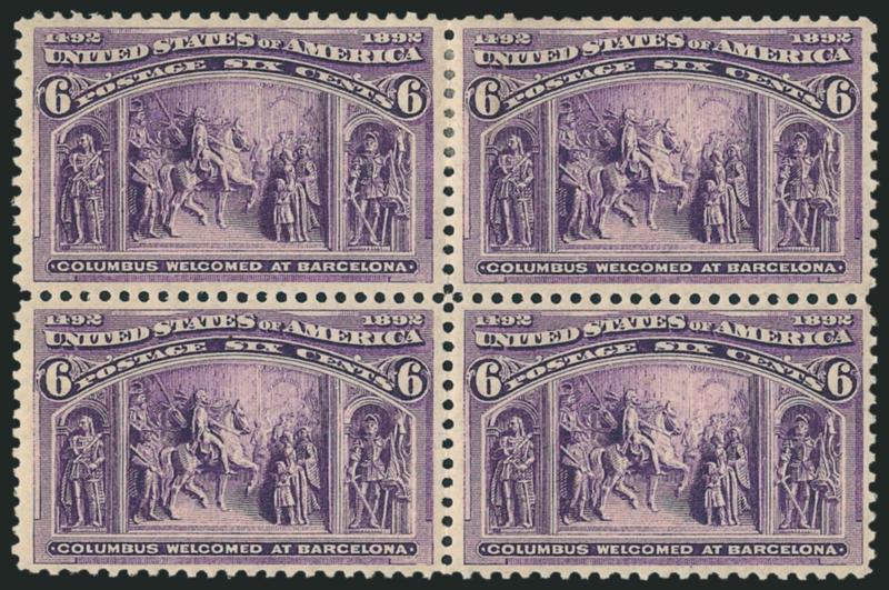 6c Columbian (235).> Block of four, bottom stamps Mint N.H., top stamps single h.r. at center, bright color, detailed impression, choice centering throughout, top right stamp with an added perf at top left,
Extremely Fine appearance, with 2010 P.F. c