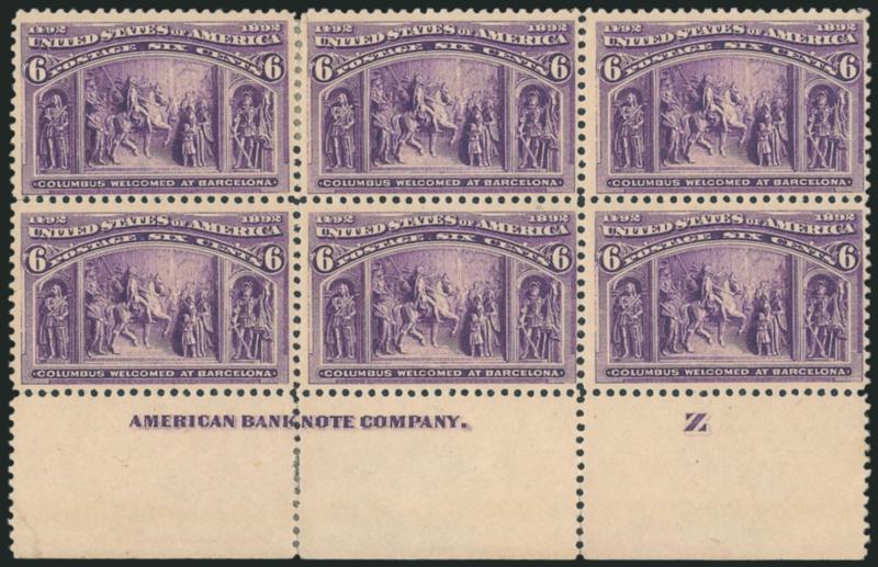 6c Columbian (235).> Horizontal block of six with bottom imprint and letter Z selvage, original gum, some hinge reinforcement, marvelous deep color and clear impression, Fine-Very Fine