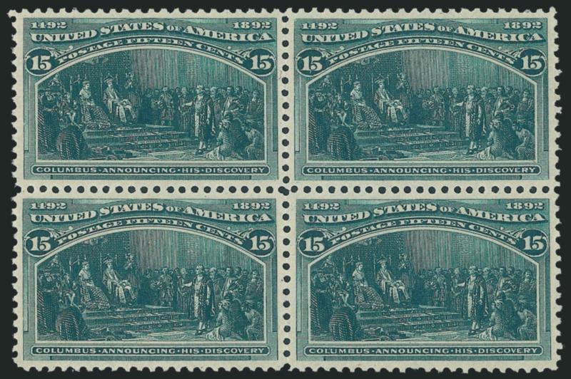 15c Columbian (238).> Block of four, unused (no gum), perfectly centered with wonderful color, Extremely Fine, gorgeous block, Scott Retail as original gum block of four
