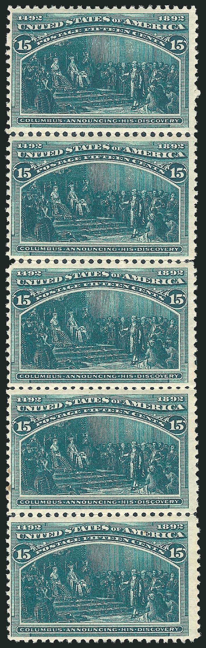 15c Columbian (238).> Mint N.H. strip of five, rich color, some telescoped perfs between third and fourth stamps, bit of light soiling in margin of fourth stamp, otherwise Fine