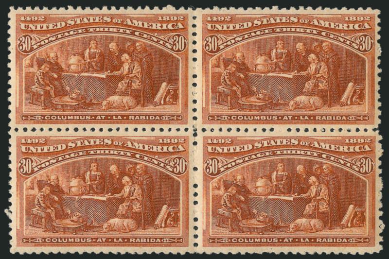 30c Columbian (239).> Mint N.H. block of four, beautiful centering with wide margins, fresh color on bright paper, top left stamp with small natural gum bend in corner<><>^EXTREMELY FINE MINT NEVER-HINGED
BLOCK OF THE 30-CENT COLUMBIAN. SCARCE WITH