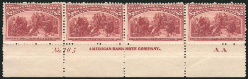 $2.00 Columbian (242). Mint N.H.> bottom imprint, plate no. 105 and letter A A strip of four, natural horizontal gum bend, vivid color and detailed impression, left stamp particularly choice centering<><>^VERY
FINE-EXTREMELY FINE. AN EXCEPTIONALL