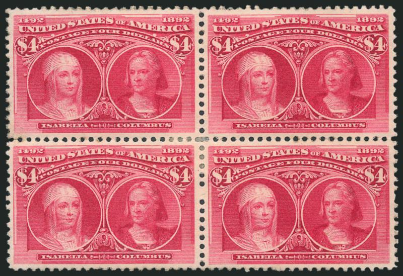 $4.00 Columbian (244).> Block of four, slightly disturbed original gum, h.r. and small adherence on gum of bottom left stamp, fresh color and well-centered, couple perf separations at left<><>^VERY FINE. A
SCARCE BLOCK OF FOUR OF THE $4.00 COLUMBIA