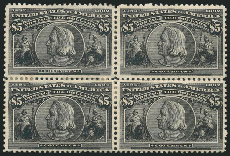 $5.00 Columbian (245).> Block of four, disturbed original gum and small h.r., attractive margins and strong shade, slightly folded horizontal perfs cause a couple minor separations<><>^VERY FINE APPEARANCE. A
SCARCE BLOCK OF FOUR OF THE $5.00 COLUM