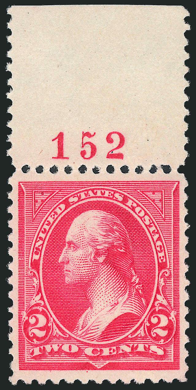 2c Carmine, Ty. III (252).> Mint N.H. with top plate no. 152 selvage, exceptionally well-centered, vivid color with crisp impression, Extremely Fine, with 2005 P.F. certificate as imprint and plate no. strip
of three and 2007 P.S.E. certificate (XF 9