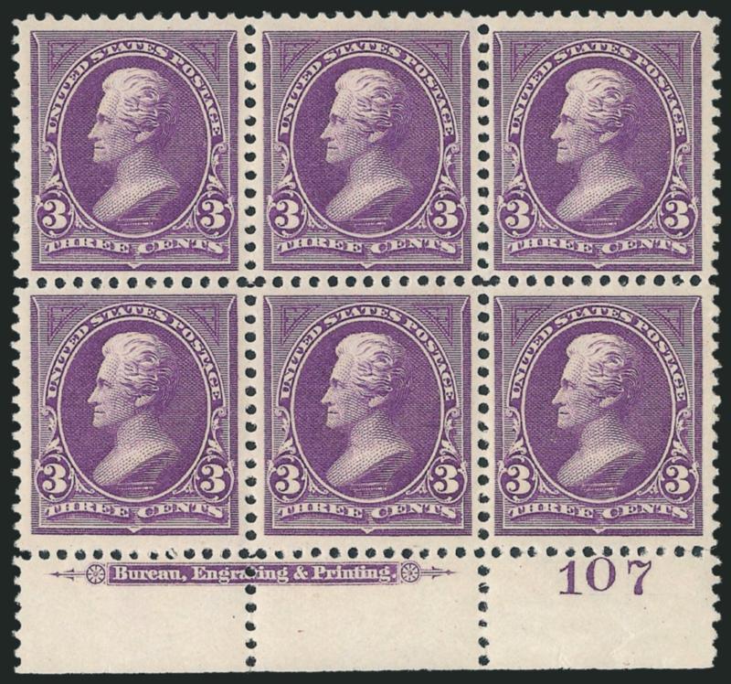 3c Purple (253).> Bottom imprint and plate no. 107 block of six, original gum, lightly hinged in selvage below pos. 5, otherwise Mint N.H., uncharacteristically well-centered, crisp color and paper, Extremely
Fine, a marvelous First Bureau plate bloc