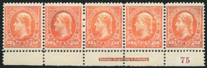 50c Orange (260).> Bottom imprint and plate no. 75 strip of five, original gum, was Mint N.H. except the gum shows barest trace of disturbance from treatment to remove oxidation, otherwise Very Fine-Extremely
Fine, Scott Retail as hinged pair and imp