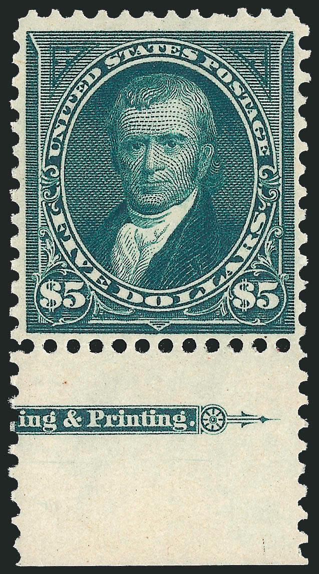 $5.00 Dark Green (278).> Original gum with bottom <part imprint selvage>, lightly hinged, deep shade, Very Fine, with 1994 P.F. certificate