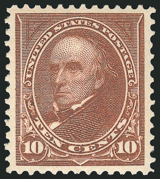 10c Brown, Ty. I (282C).> Mint N.H., rich color and proof-like impression, most recent certificate (P.S.E.) opines reperfed at bottom but we think the holes at top and bottom match precisely, Extremely Fine
appearance, with 1988 and 1996 P.F. certifi