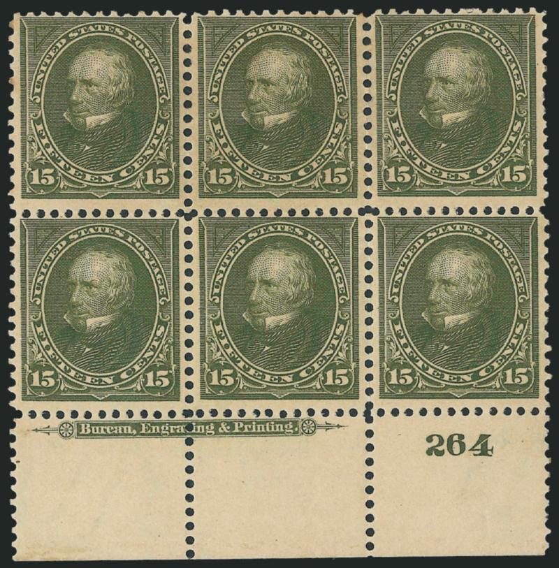 15c Olive Green (284).> Bottom imprint and plate no. 264 block of six, original gum, light gum disturbance, Fine