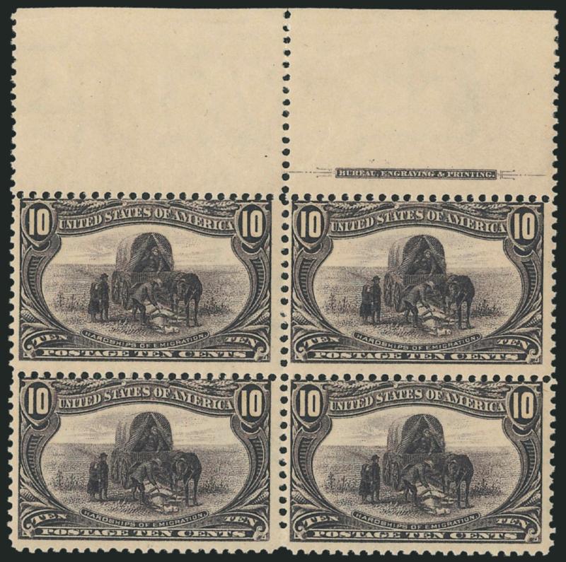  1c-10c Trans-Mississippi (285-286, 288, 290).> Blocks of four, 1c and 10c with imprint selvage, original gum, 1c, 2c and three 10c Mint N.H., one 5c corner crease ending in minor tear, otherwise Very
Good-Fine
