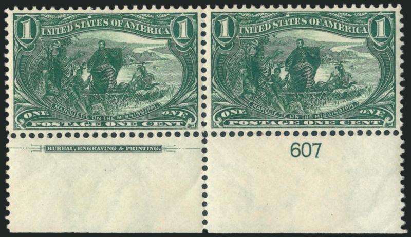 1c, 2c Trans-Mississippi (285-286).> Top or bottom imprint and plate no. pairs, one of 1c and eight of 2c (mostly tops), original gum, a few stamps Mint N.H., 1c Very Fine, 2c range of centering and Fine-Very
Fine