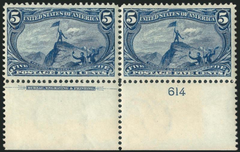 4c-5c Trans-Mississippi (287-288).> Bottom imprint and plate no. pairs, original gum, lightly hinged, rich color and wide margins, Very Fine