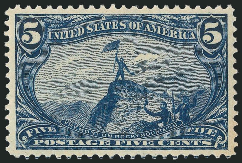 5c Trans-Mississippi (288).> Mint N.H., deep rich color and proof-like impression, phenomenal centering with wide margins, Extremely Fine Gem, a superb stamp in every respect, with 2010 P.S.E. certificate
(XF-Superb 95 SMQ $2,300.00), only five have