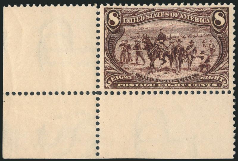 8c Trans-Mississippi (289).> Mint N.H. with huge <bottom left corner sheet selvage,> beautifully centered with unusually wide side margins, intense color and clean impression, Extremely Fine, a gorgeous
corner-margin single, with 1988 and 2004 P.F. c
