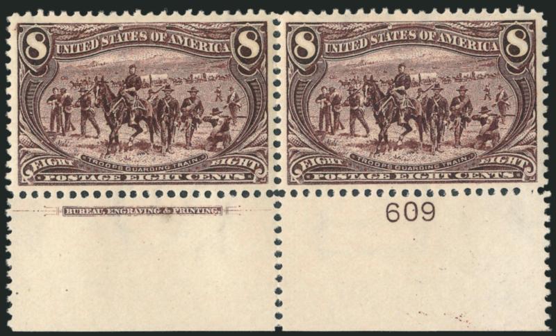 8c Trans-Mississippi (289).> Bottom imprint and plate no. 609 pair, original gum, lightly hinged, outstanding centering and deep rich color, Extremely Fine Gem, a beautiful plate number pair