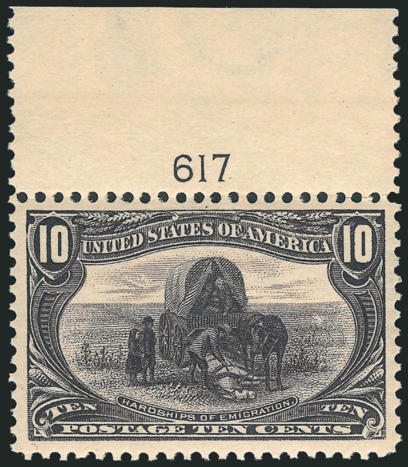 10c Trans-Mississippi (290).> Mint N.H. with top plate no. 617 selvage, huge margins and choice centering, detailed impression, light gum bends, Extremely Fine, with 2001 P.F. certificate for irregular block
of three