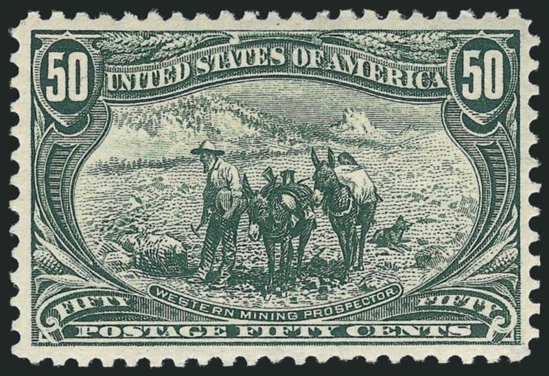 50c Trans-Mississippi (291).> Original gum, lightly hinged, bright shade, gorgeous centering with wide and balanced margins, Extremely Fine Gem, a beautiful stamp, with 2010 P.S.E. certificate (OGph, XF-Superb
95 SMQ $1,600.00)
