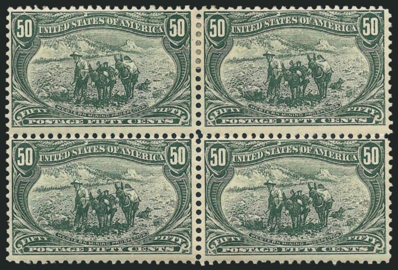 50c Trans-Mississippi (291).> Block of four, original gum, bottom pair lightly hinged, top pair h.r. and pencil notation on gum of top left stamp, lovely color and crisp impression, Fine and attractive
original gum block