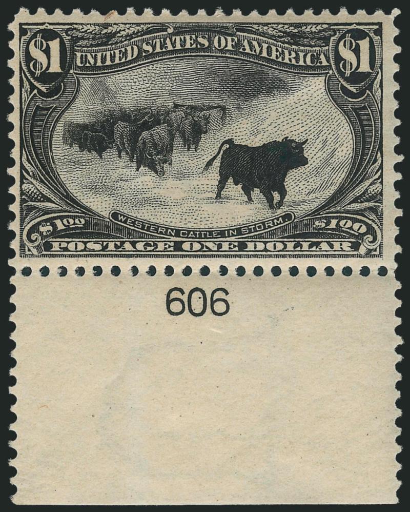 $1.00 Trans-Mississippi (292). With <wide plate no. 606 selvage> at top, original gum, long but narrow h.r., attractive centering and detailed impression, small natural wood fiber inclusion in perf at top,
Fine, Scott Retail with no premium for the p