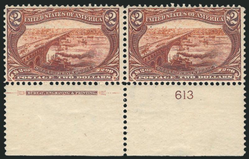 $2.00 Trans-Mississippi (293).> Bottom <imprint and plate no. 613> horizontal pair, extra wide selvage, original gum, relatively lightly hinged, strong color and impression, attractive centering<><>^VERY FINE
AND CHOICE. A BEAUTIFUL IMPRINT AND PLA
