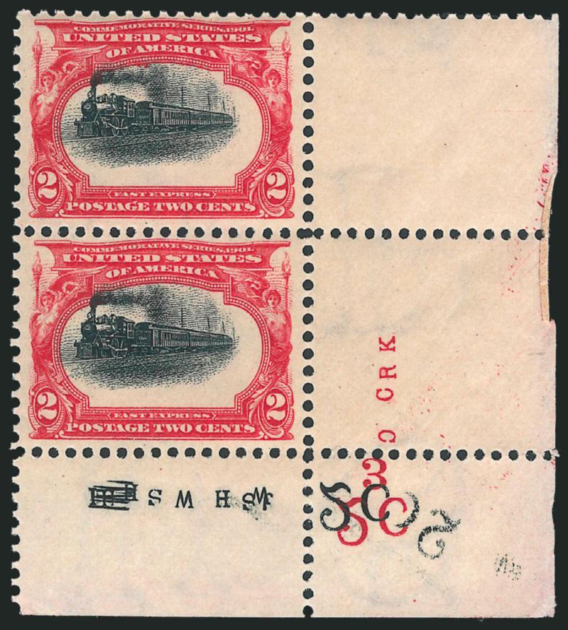 2c Pan-American (295).> Mint N.H. bottom left and bottom right corner selvage vertical pairs, latter with pressmans initials, first with slow train, second with vignette shifted upwards and to the left,
Extremely Fine, interesting varieties, Scott