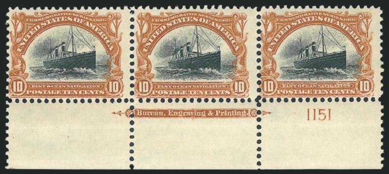 10c Pan-American (299).> Mint N.H. bottom imprint and plate no. 1151 strip of three, rich color, couple small natural gum skips, Fine