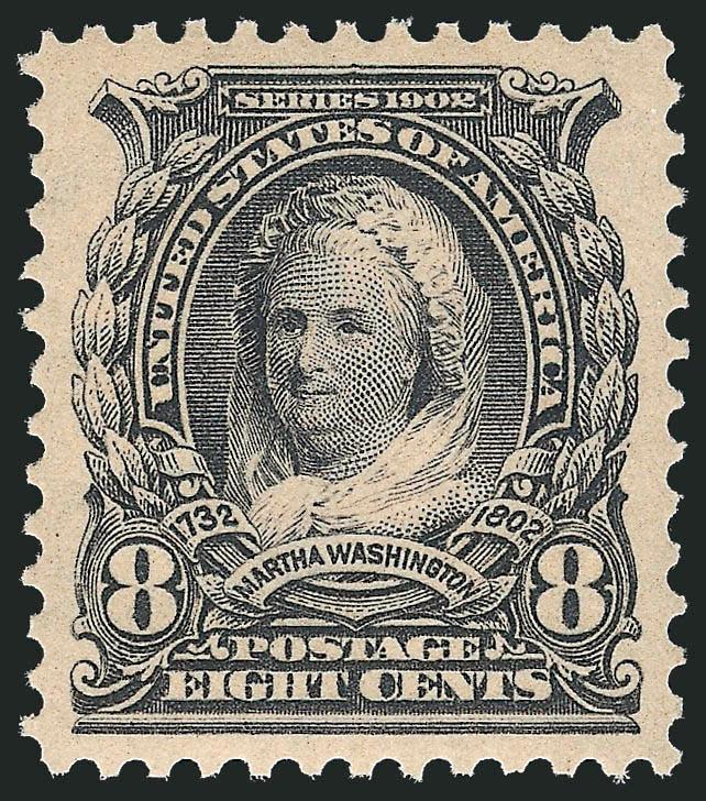 13c Purple Black (308).> Mint N.H., intense shade and impression, gorgeous centering with jumbo margins, long and full perforations all around<><>^EXTREMELY FINE GEM. A STUNNING MINT NEVER-HINGED EXAMPLE OF
THE 8-CENT MARTHA WASHINGTON 1902 ISSUE,