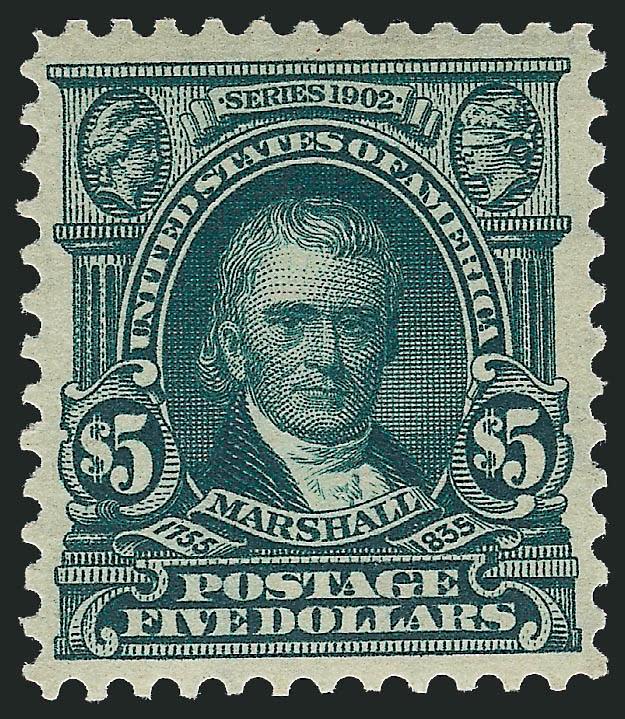 $5.00 Dark Green (313).> Barest trace of hinging, appears Mint N.H. at a glance, almost perfectly centered with marvelous deep rich color, Extremely Fine, with 1991 P.F. certificate, stamp described as genuine
(equivalent to Mint N.H. at this time)