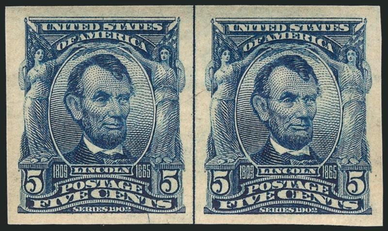 5c Blue, Imperforate (315).> Mint N.H. pair with guide line, large margins and bright shade, Very Fine and choice
