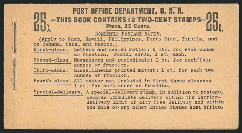 2c Carmine, Ty. I, Complete 25c Booklet (BK14).> Comprising two panes of six of <No. 319g,> Position A, BIA Cover Type I-i.1, very fresh and tight covers without the normal creasing, attractive centering,
light ms. Scott No. pencil mark on front, top