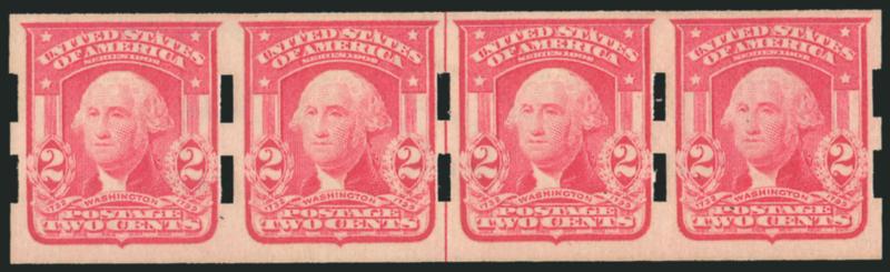 2c Carmine, Ty. II, Imperforate, Schermack Ty. III Private Vending Perforations (320d).> Mint N.H. guide line strip of four, well-centered, Very Fine and choice, scarce, with 2005 P.S.E. certificate