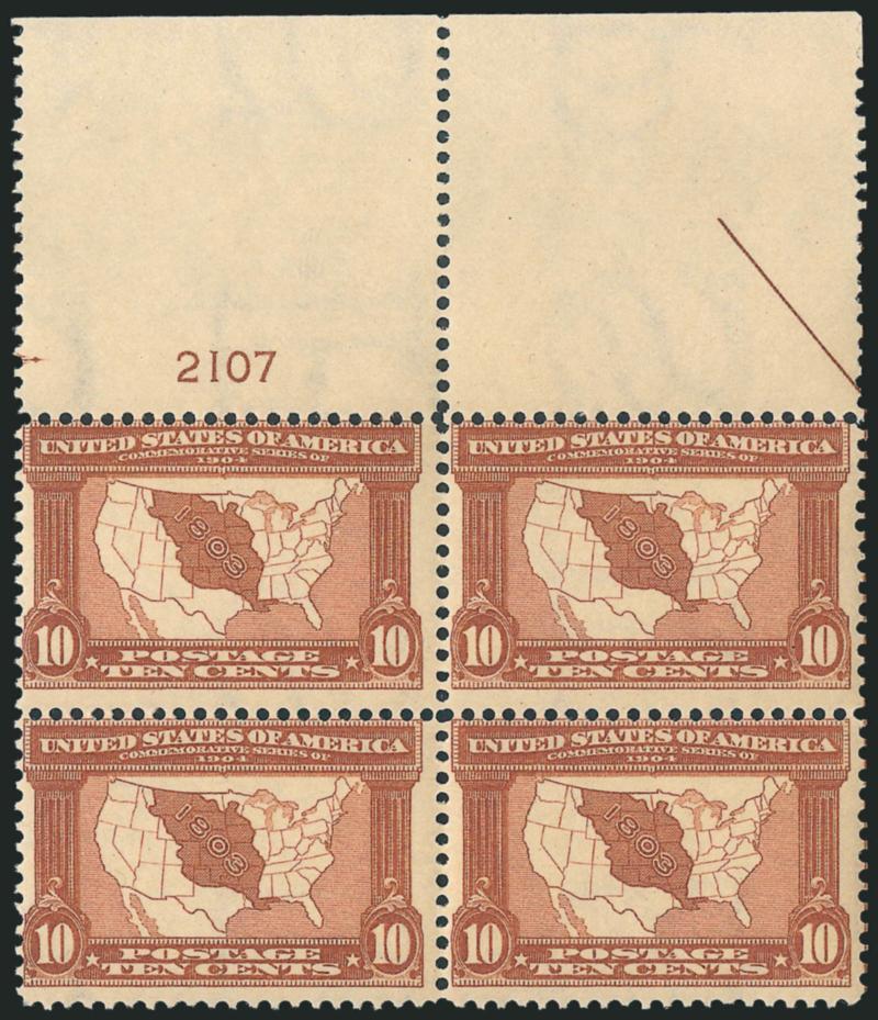 1c-10c Louisiana Purchase (323-327).> Imprint and plate no. blocks of four of 1c-5c, block of four with wide top selvage, part arrow and plate no. of 10c, 1c and 5c bottoms, others tops, 3c Mint N.H. 2c h.r.,
others lightly hinged, Fine-Very Fine, a
